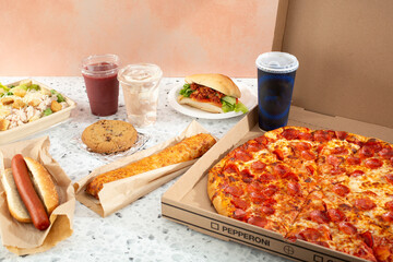 A view of assorted food entrees from a popular warehouse grocery store.