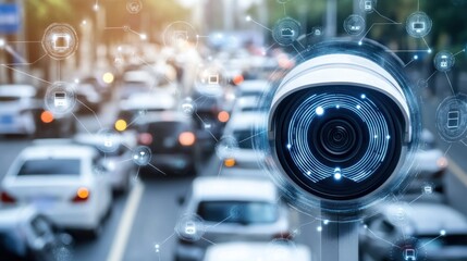 Fototapeta premium Modern surveillance camera monitoring city traffic flow.