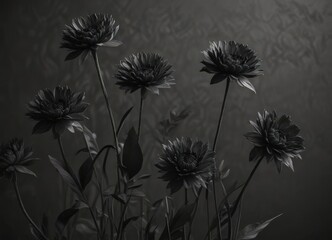 Intricate charcoal flower pattern, elegant black stems  Dark grey backdrop ,  petals,  background