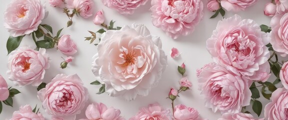 Fresh pink rose and peony blossoms  Abundant petals  White backdrop , bloom, fresh