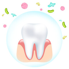 Strong, white teeth are protected from bacteria and germs with a protective bubble shield. PNG, transparent