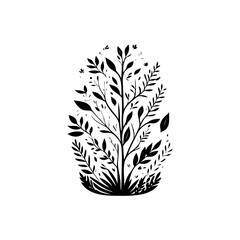 Stylized botanical illustration featuring a dense arrangement of leaves and branches