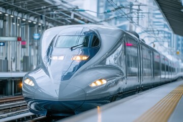 Fototapeta premium High-Speed Bullet Train at Station, Modern Transportation, Shiny Gray and Blue Exterior, Futuristic Design