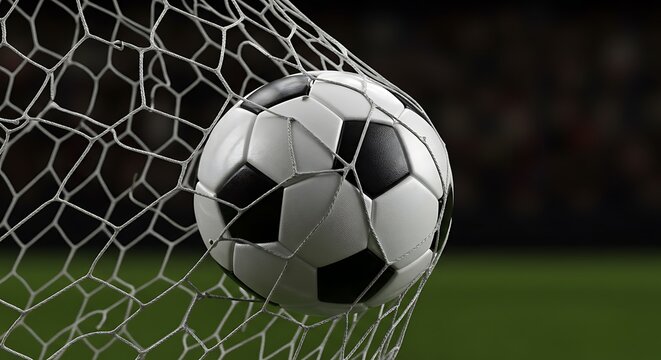 A close-up shot of a soccer goal net with a ball nestled in the netting, showing the texture of the mesh and the ball's soft indentations - Powered by Adobe