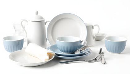 Set of clean tableware isolated on white, retro style. with white shades