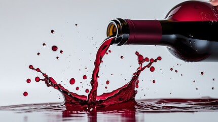 High-speed photograph of red wine being poured into a bottle with dynamic splash and droplets, symbolizing elegance, celebration, and fine beverage presentation for advertising or editorial use


