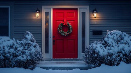 A minimalist red front door on a modern house, highlighted by a classic holiday wreath and a gentle layer of snow on the ground, evoking warmth and seasonal charm 