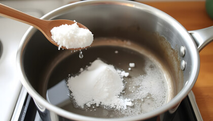 Kitchen life hacking - how to clean the pan from carbon deposits - a spoonful of baking soda in boiling water, grunge. with white shades