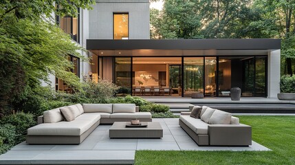 Obraz premium A modern home with a large backyard, featuring a minimalist patio adorned with plush outdoor sofas and a coffee table, surrounded by greenery for a peaceful outdoor living experience 