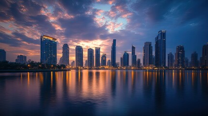 Dubai Downtown City Skyline Featuring Modern Luxury Skyscrapers at Dusk