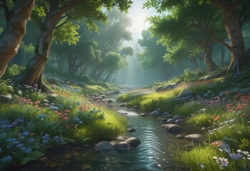 Emerald canopy, vibrant wildflowers, crystal stream flows ,  spring,  photography,  plants