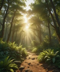 Golden sunlight streams through lush green canopy, illuminating forest floor ,  tranquil,  peaceful,  art