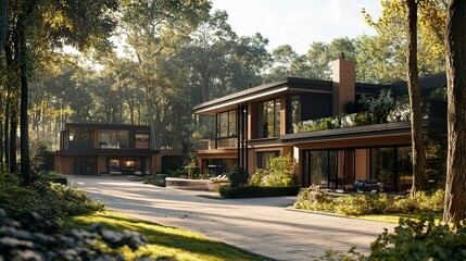 A modern residential estate in Spring, England, with a mix of detached and semi-detached homes featuring flat roofs, large windows, and sustainable elements, set within a quiet, tree-lined community 