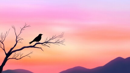 Naklejka premium Serene scene of a bird in silhouette, sunrise sky with soft gradient
