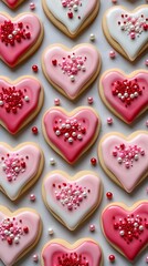 Colorful heart-shaped sugar cookies decorated with pink and white icing and sprinkles arranged in a neat pattern, perfect for Valentine’s Day themes, backgrounds, and festive designs

