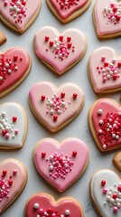 Fototapeta premium Colorful heart-shaped sugar cookies decorated with pink and white icing and sprinkles arranged in a neat pattern, perfect for Valentine’s Day themes, backgrounds, and festive designs
