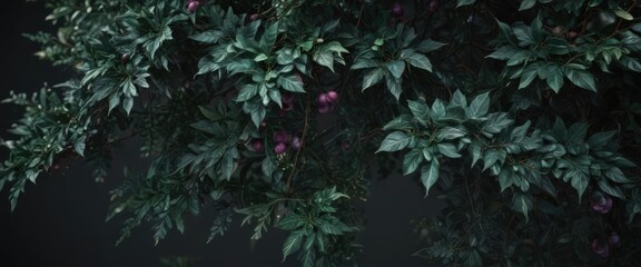 Intricate dark foliage, rich emerald & plum tones, vibrant, background, night