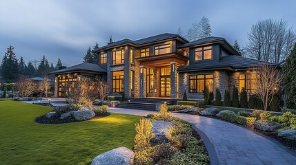 A new luxurious home with a grand entrance, stylishly framed by sculpted landscaping and soft pathway lights, its modern design reflecting sophistication and exclusivity 