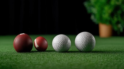 Naklejka premium Set of sports balls including football, baseball, and golf ball placed on green field, black void behind