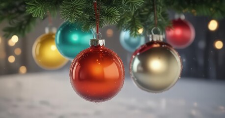 Classic evergreen, colorful glass baubles, glowing soft focus lights,  holiday season,  colorful,  evergreen