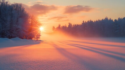 Snowy fields under the sunset glow