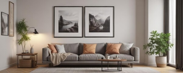 Cozy living room, framed poster mockup hanging on clips,  wall,  style,  image