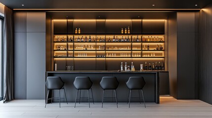 Modern, sophisticated home bar with dark accents and warm lighting.