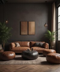 Black poufs accent brown couch in eclectic living room  Vintage style, dark tones ,  seat,  stylish living,  interior design
