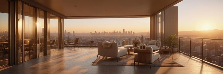 Golden hour light streams into a lavish high-rise condo, highlighting its stylish decor and expansive balcony , view, contemporary, condo balcony