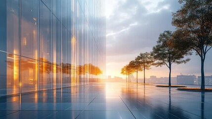 3D render of a perspective glass facade at sunrise, sleek panels glowing with soft light, wide view highlighting its urban elegance.  