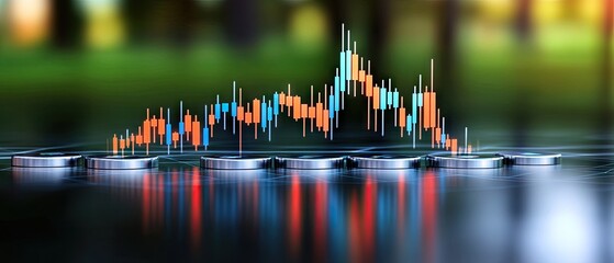 Candlestick chart over a row of coins reflecting red and blue, against a green blurred background