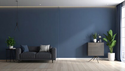 Modern dark blue home interior background wall mock up d render 