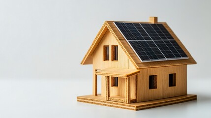 A compact house model featuring a solar panel on its roof, placed on a clean white backdrop to emphasize the concept of eco-friendly and energy-efficient living 