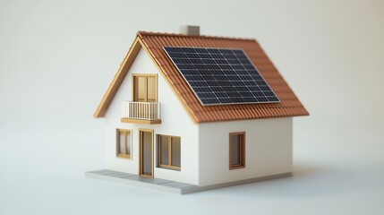 A compact house model featuring a solar panel on its roof, placed on a clean white backdrop to emphasize the concept of eco-friendly and energy-efficient living 