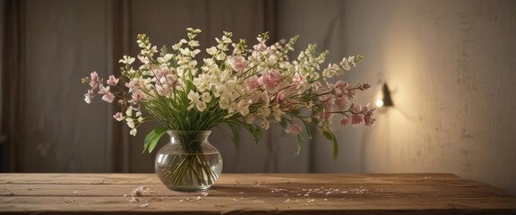 Delicate spring bouquet on rustic wooden table, glowing lamp adds warmth,  arrangement, spring,  lamp