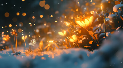 Soft golden lights and snowflakes create a festive glow. [Neon Botany] | Pastel Voltage | soft glow. Illustration