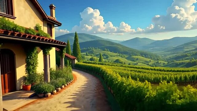 Country Vineyard Scene - Rustic Farmhouse Amidst Rolling Hills Panoramic Video