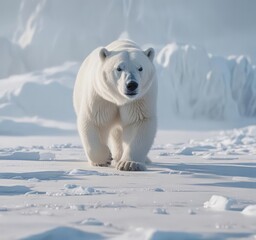 A ghostly white polar bear hunts on a pristine ice sheet  ,  white fur,  winter,  fauna