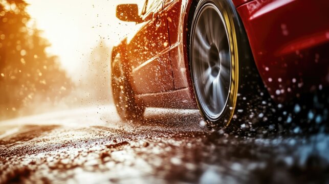 Rapid motion of a red automobile on a wet, muddy road.