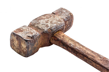 Rusty old hammer tool closeup detailed vintage metal red iron work worn on transparent background
