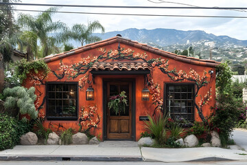 Fototapeta premium Orange building with floral wall art daytime exterior