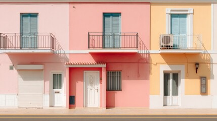 Obraz premium Pastel facade with simple details, a clean urban backdrop. Minimalist charm in soft daylight. 