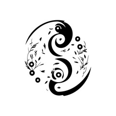 Stylized organic abstract swirling composition with floral and circular accents