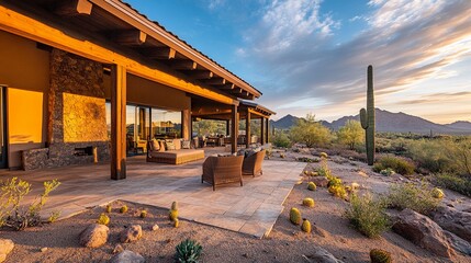 A desert home with a covered patio supported by sturdy wooden beams, its clean architecture complemented by the golden tones of the surrounding desert terrain 
