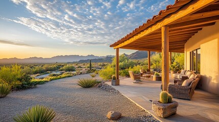 A desert home with a covered patio supported by sturdy wooden beams, its clean architecture complemented by the golden tones of the surrounding desert terrain 