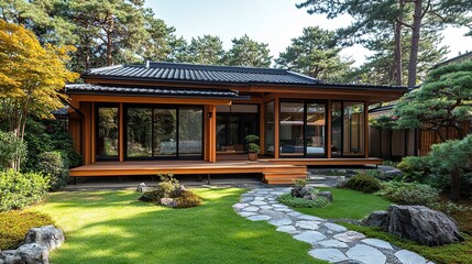 A detached one-story Japanese house with an open layout, its wooden framework and clean architecture blending seamlessly with a small outdoor garden and stone pathway 