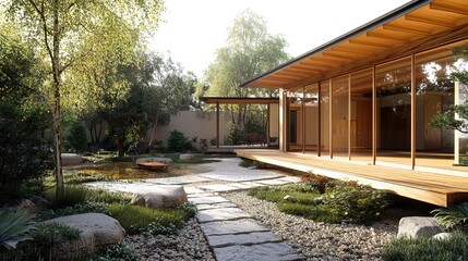 A detached one-story Japanese house with an open layout, its wooden framework and clean architecture blending seamlessly with a small outdoor garden and stone pathway