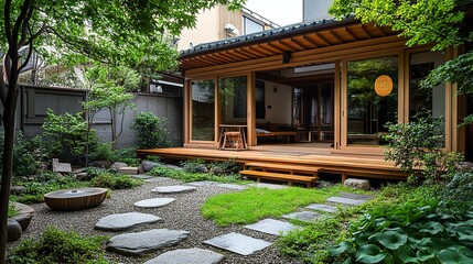 A detached one-story Japanese house with an open layout, its wooden framework and clean architecture blending seamlessly with a small outdoor garden and stone pathway 