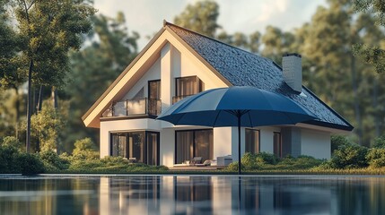 A detailed 3D model of a house with clean lines and a pitched roof, positioned under a large blue umbrella, symbolizing renters home insurance and mortgage protection 
