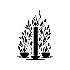 Elegant silhouette design featuring a central candle surrounded by foliage and flames